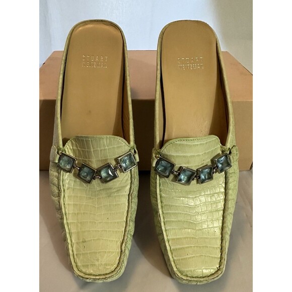 Stuart Weitzman Light Green Croc Embossed Leather Loafer Slide Rhinestone Sz 8N - Picture 2 of 6